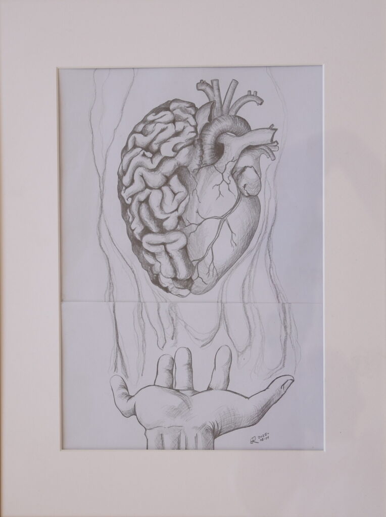 Das Bild zeigt ein Kunstwerk in der Praxis für Psychotherapie in Graz von Robert Bösiger. Darauf ist eine Hand zu sehen, die ein Gehirn und ein Herz balanciert. Ich verstehe den Menschen ganzheitlich, das heißt, als eine Einheit von Körper und Seele.