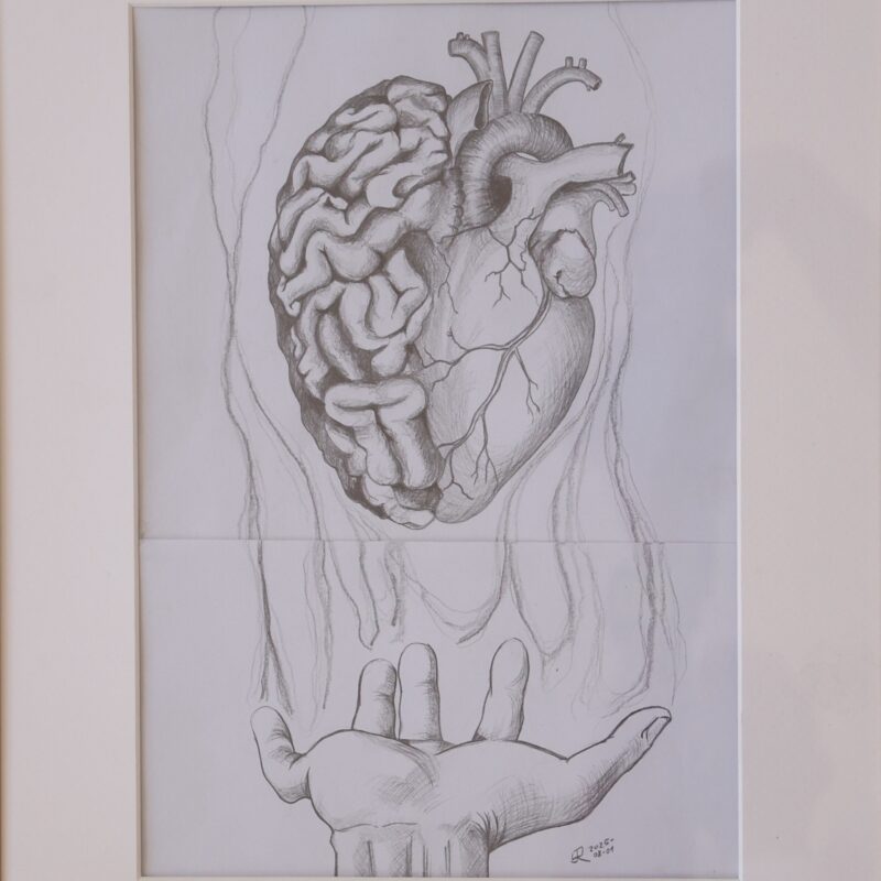 Depression - Angst - Erschöpfung - Burnout - Sinnsuche Das Bild zeigt ein Kunstwerk in der Praxis für Psychotherapie in Graz von Robert Bösiger. Darauf ist eine Hand zu sehen, die ein Gehirn und ein Herz balanciert. Ich verstehe den Menschen ganzheitlich, das heißt, als eine Einheit von Körper und Seele.